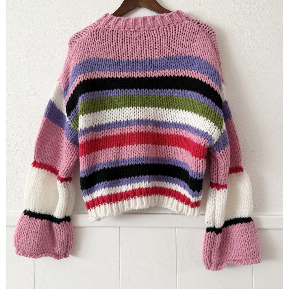 BiBi Sweater M Chunky Knit Striped Bell Sleeve Crop Pullover Colorful Boho NWT - Picture 4 of 9